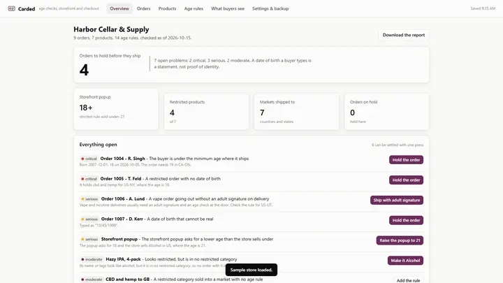 Carded - its main screen