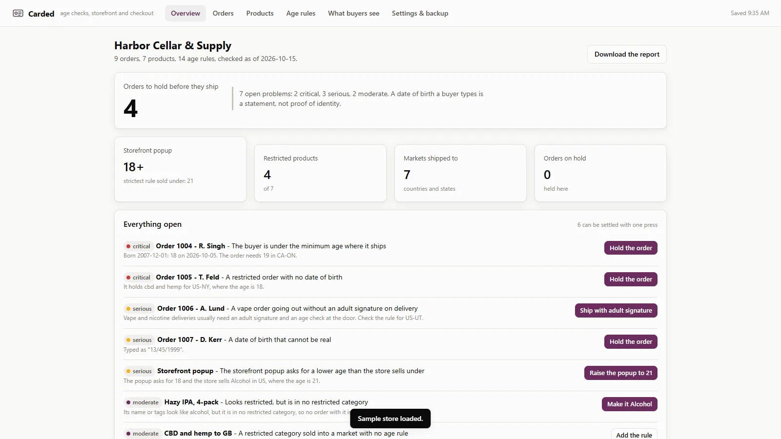 Carded - its main screen