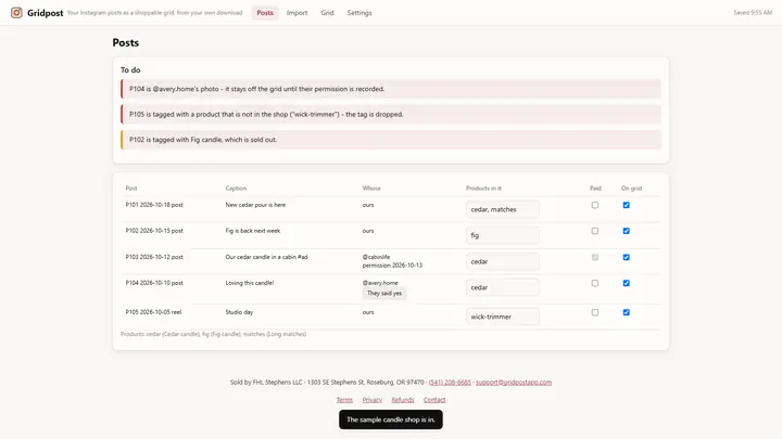 Gridpost - its main screen