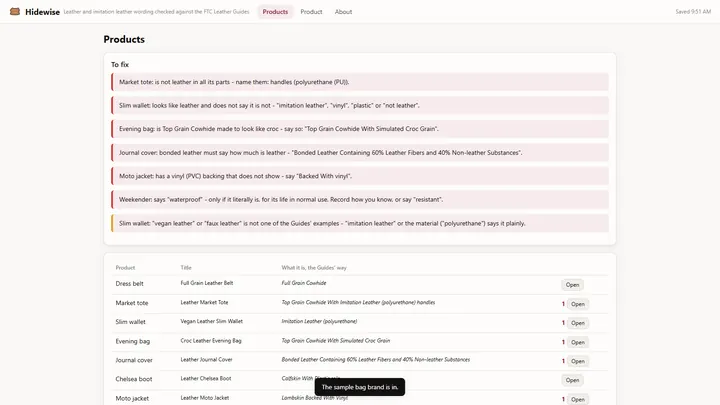 Hidewise - its main screen