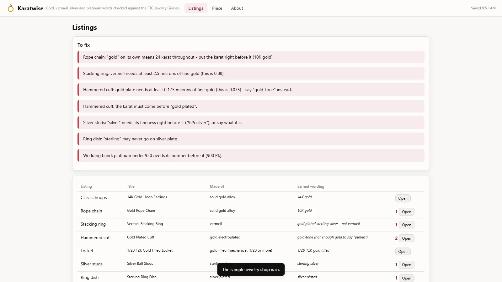 Karatwise - its main screen