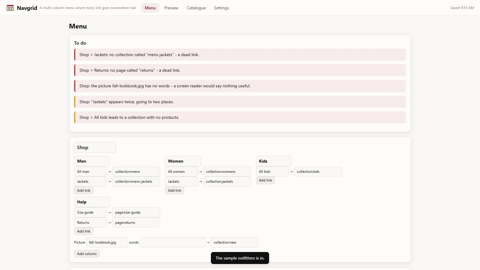 Navgrid - its main screen