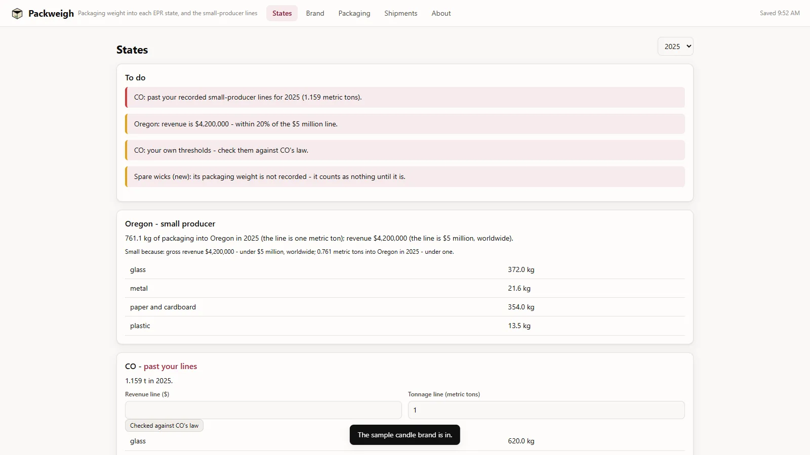 Packweigh - its main screen