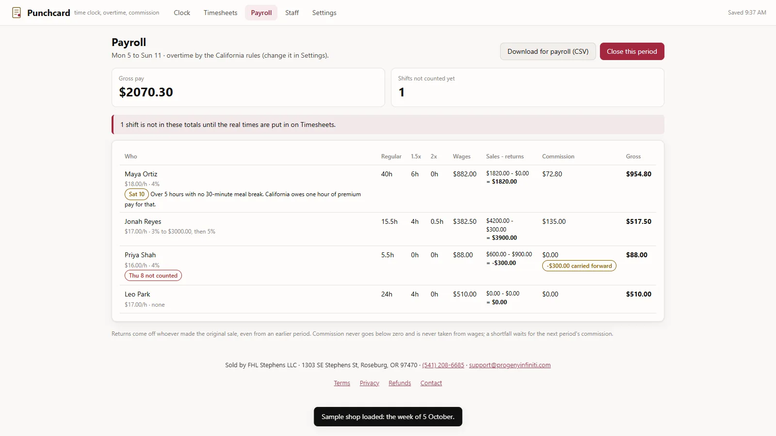 Punchcard - its main screen