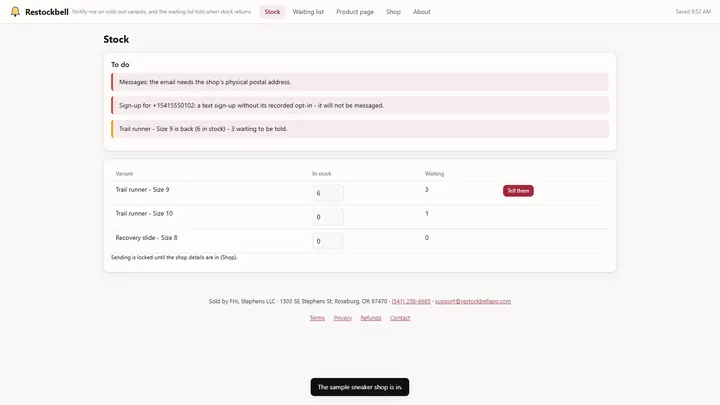 Restockbell - its main screen