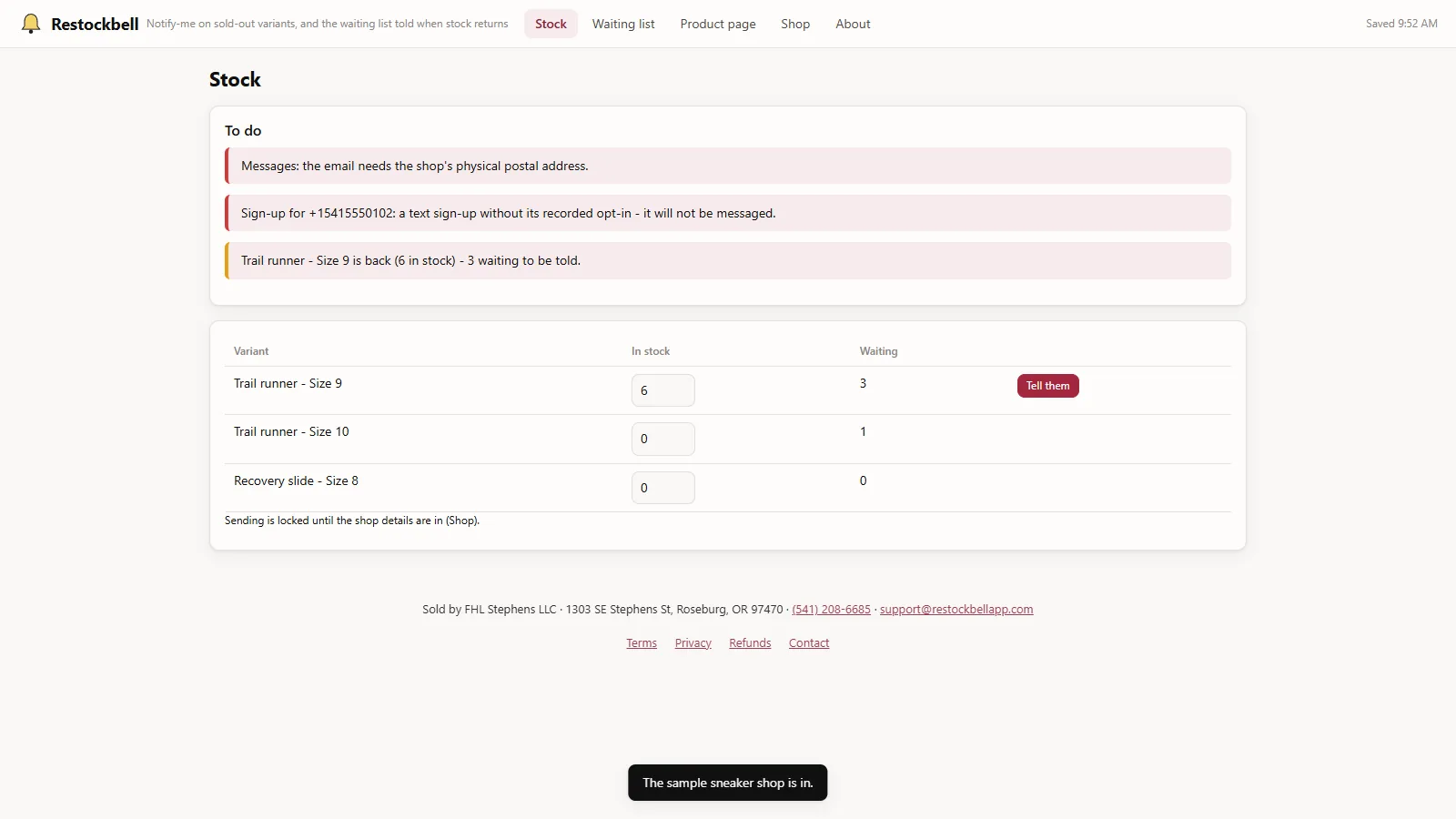 Restockbell - its main screen