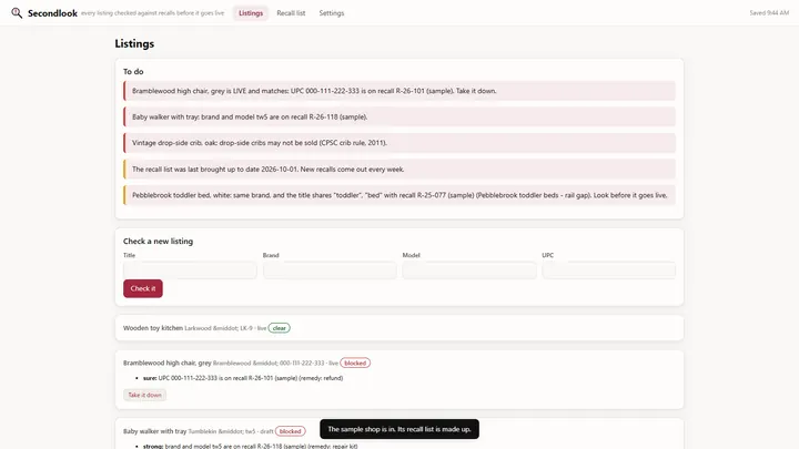 Secondlook - its main screen