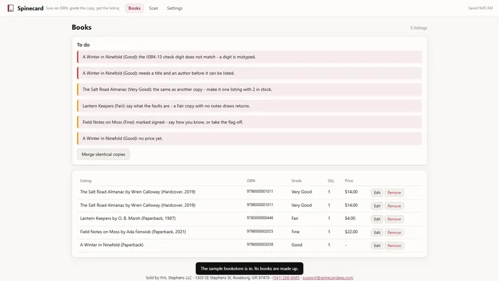 Spinecard - its main screen