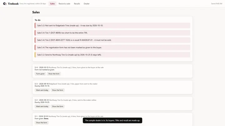 Tirebook - its main screen
