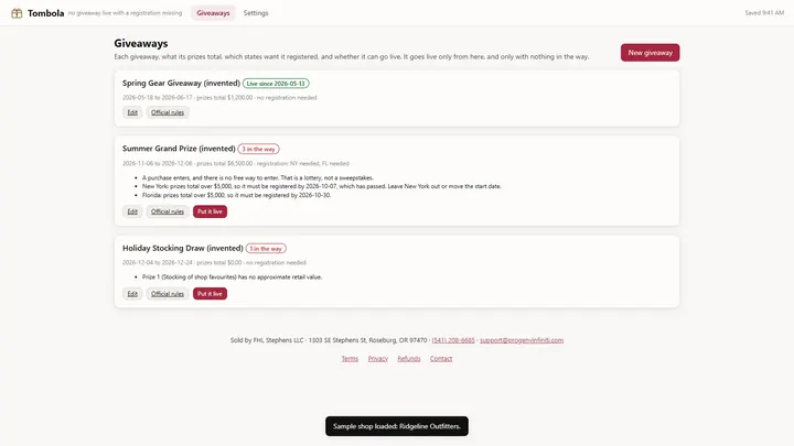 Tombola - its main screen